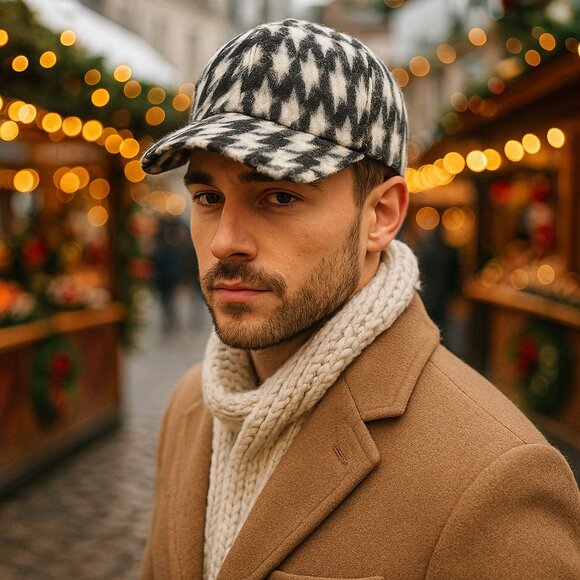 Brushed Wool-Blend Houndstooth Baseball Cap — Black & White, Adjustable, Winter - Picture 3 of 12